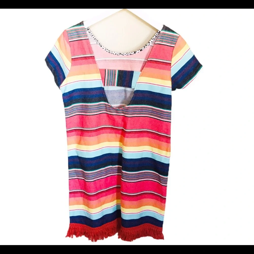 NWT UNCLE FRANK (Anthro) Weekend Stripe Cotton Dress With Fringe Trim Red Small - Picture 10 of 13